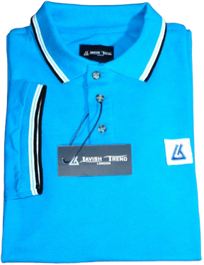 Polo Shirt for Men, Bright Blue with Black & White Stripe on Collar & Sleeves. Lavish Trend - London