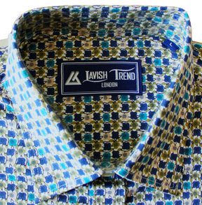 Green, Blue and Olive Print; Half Sleeve, Button Free Collar, Men Shirt