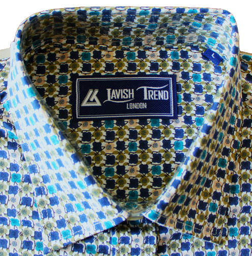 Green, Blue and Olive Print; Half Sleeve, Button Free Collar, Men Shirt