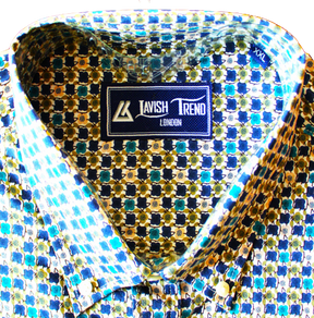Green, Blue and Olive Print; Half Sleeve, Button Down Collar, Men Shirt