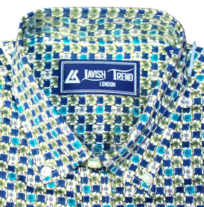 Green, Blue and Olive Print; Full Sleeve, Button Down Collar, Men Shirt