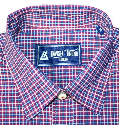Burgundy, Blue and White Check; Full Sleeve, Button Free Collar, Men Shirt