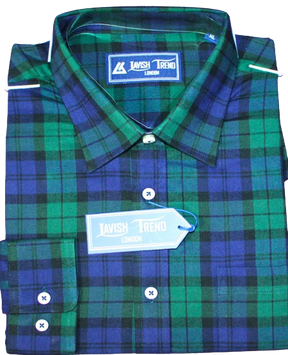Green, Black and Purple check; Full Sleeves, Button Free Collar, Men Shirt