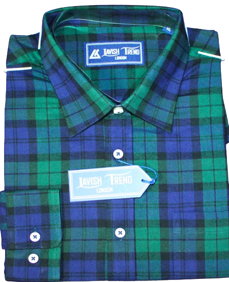 Green, Black and Purple check; Full Sleeves, Button Free Collar, Men Shirt
