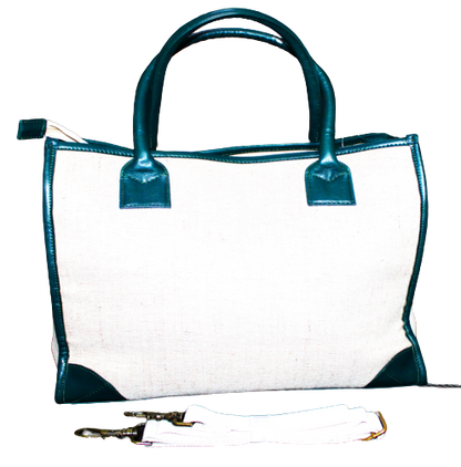Unisex Hand Bag/ Shoulder Bag; 100% Top Grain Cowhide Leather and Jute Fabric